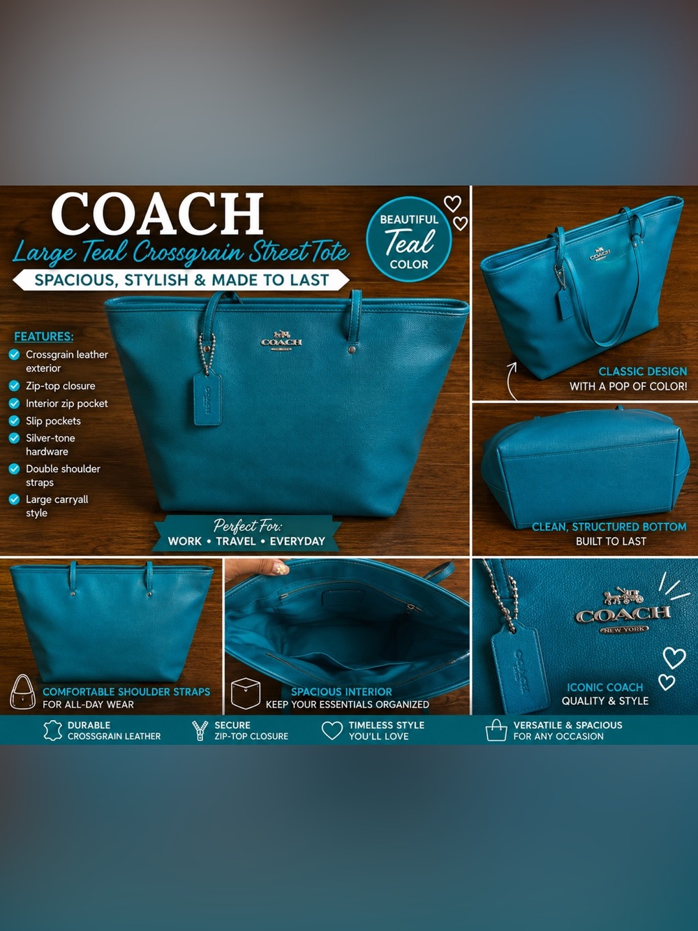 Coach Blue Pebbled Leather Zip Tote Bag Shoulder Purse Large